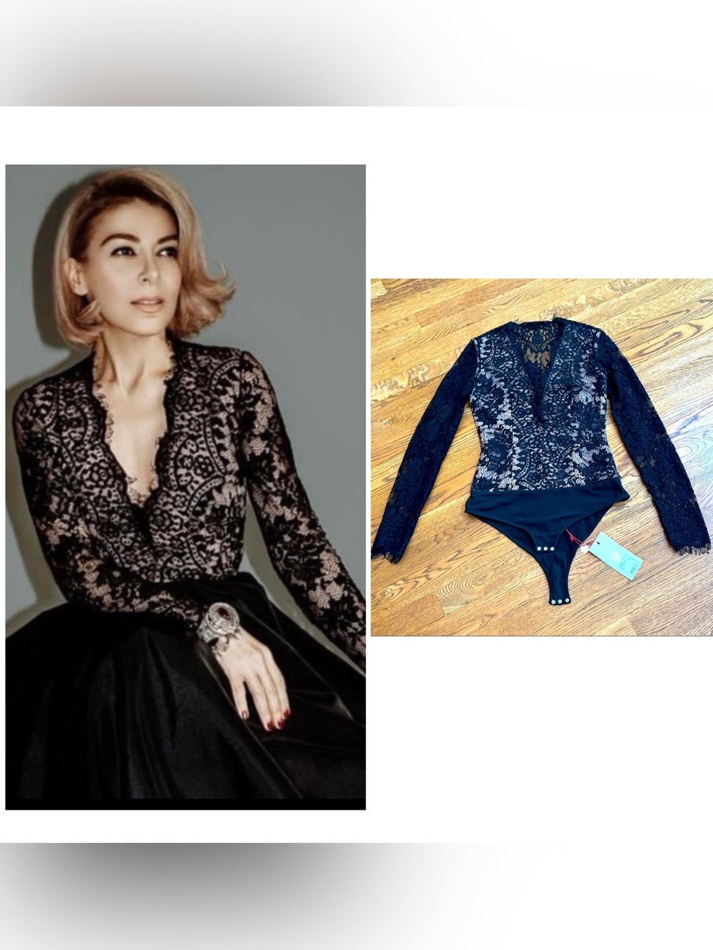 The Jetset Diaries Lace Pizzo long sleeve Bodysuit in black/nude sz.XS